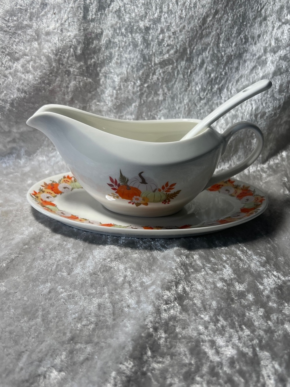 Amazon White Ceramic Gravy Boat with Autumn Pumpkin Motif and Spoon